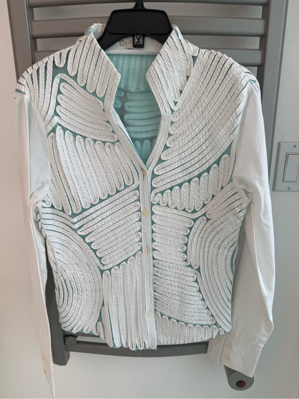 White & Mint Embroidered Button-Down Blouse